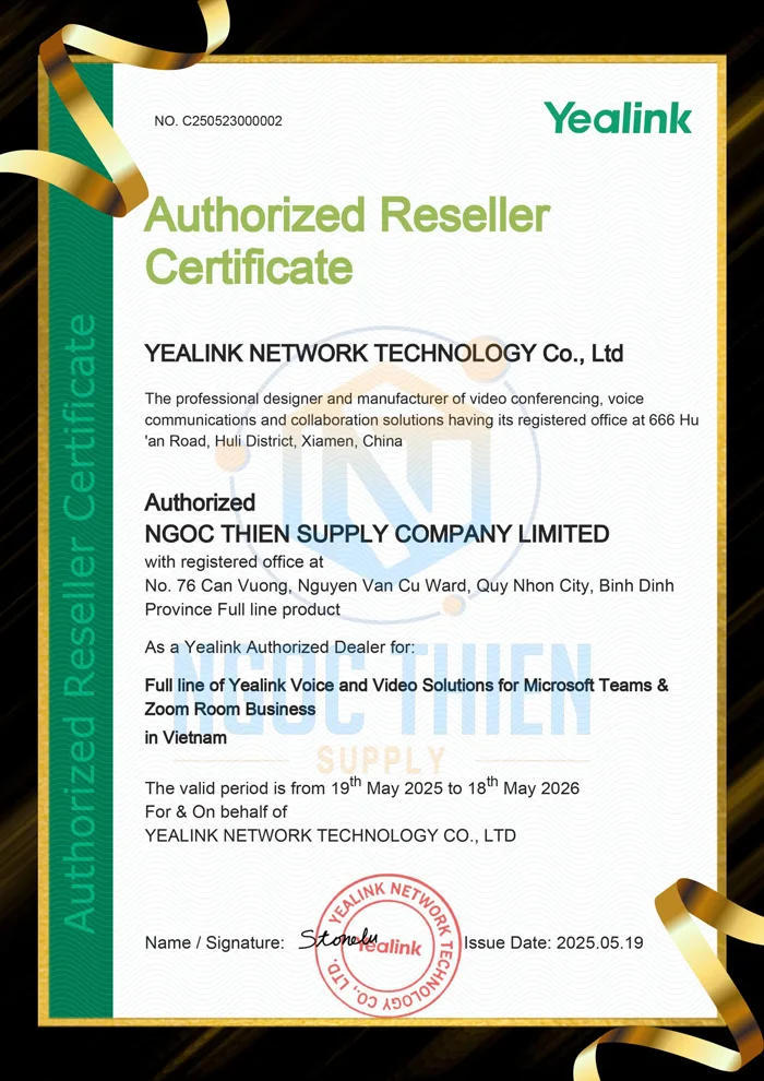 Giấy chứng nhận Nhà phân phối ủy quyền Yealink cấp cho Công ty TNHH Cung Ứng Ngọc Thiên
