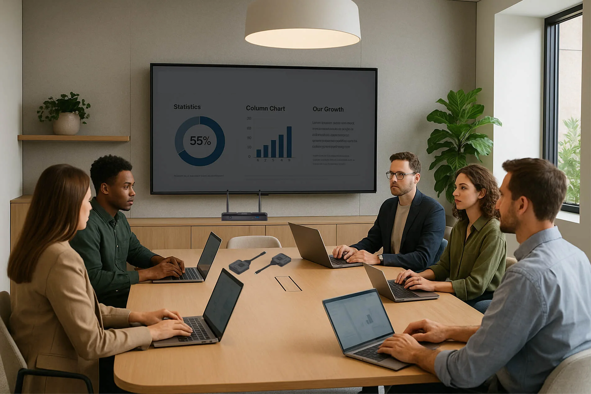 Nhóm nhân viên đang họp trong phòng họp hiện đại, sử dụng giải pháp trình chiếu không dây ASTROS để chia sẻ nội dung từ laptop lên màn hình lớn