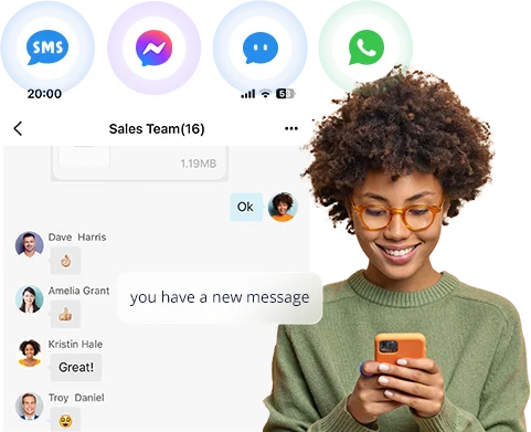 Trò chuyện trực tiếp trên trang web, WhatsApp, SMS và tin nhắn Facebook, tất cả trong một giao diện.