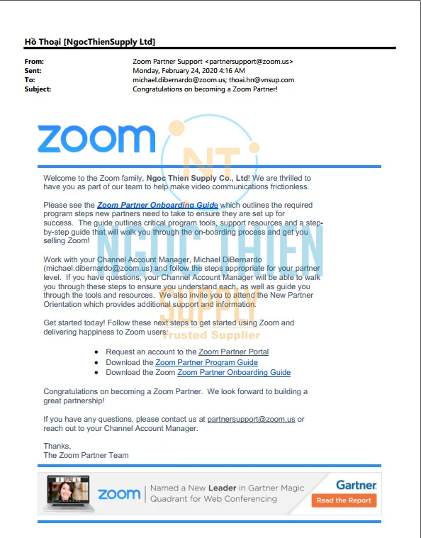 Thư chào mừng Ngọc Thiên trở thành đối tác chính thức của Zoom
