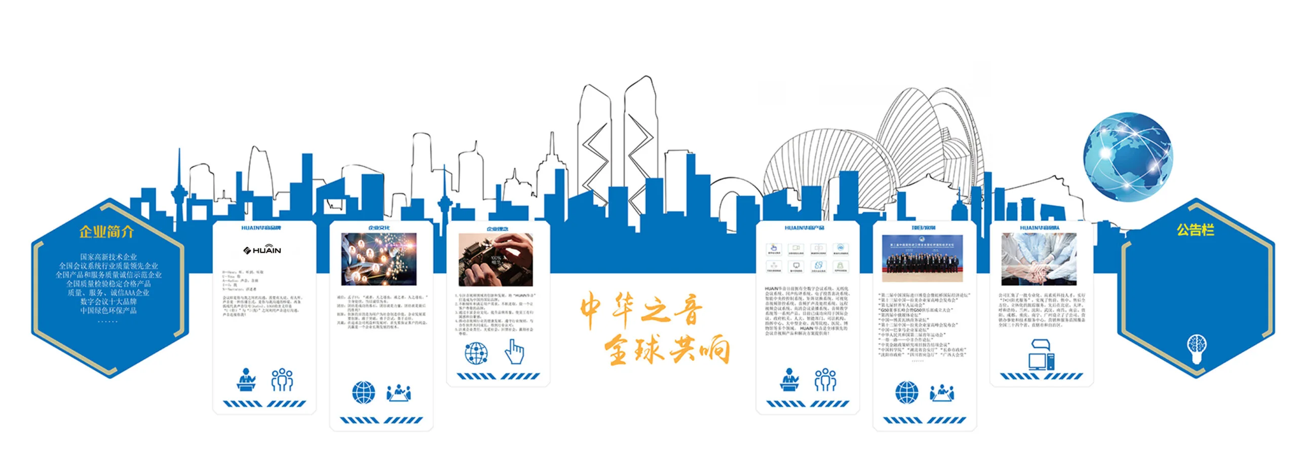 Hình ảnh giới thiệu công ty HUAIN với bố cục màu xanh – trắng, các khối thông tin về văn hóa doanh nghiệp, sản phẩm, đội ngũ và thành tích, kèm minh họa skyline thành phố và biểu tượng toàn cầu.